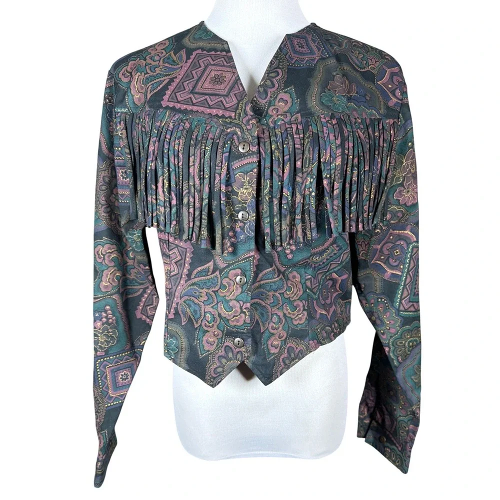 Roughrider by‎ Circle T Vintage Western Fringe Paisley Cropped Shirt Large 4113